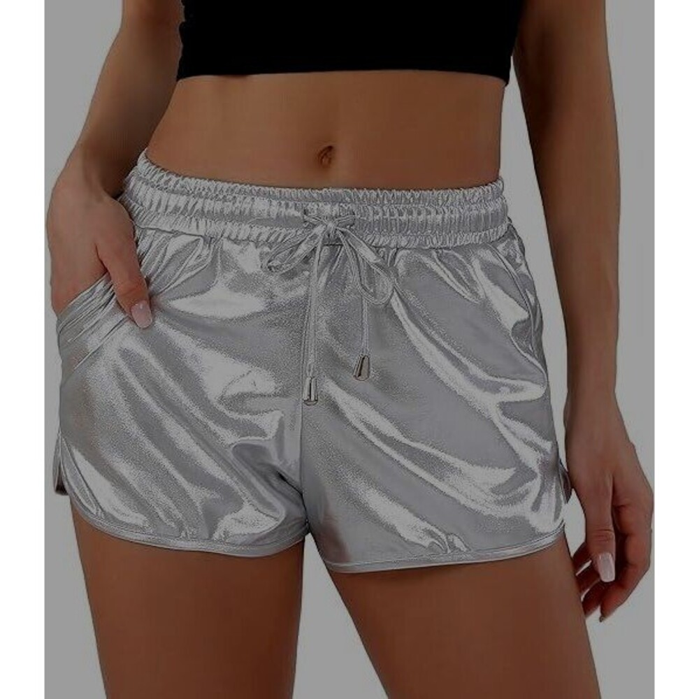 Women Sexy Hot Shorts Shiny Silver Elastic Drawstring Casual POSHDIVAH